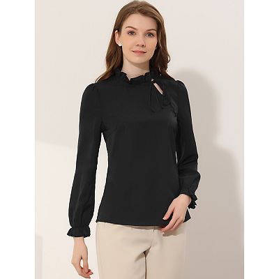 売れ筋商品|||セセ カットソー トップス レディース Women's Tie-Neck Ruffle-Sleeve Blouse Classic Navy Womens Summer Tops 2025 Black Ruffle Short Sleeve Side Tie