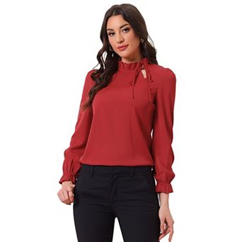 Women's Elegant Long Sleeve Blouse Ruffle Tie Neck Business Work Top
