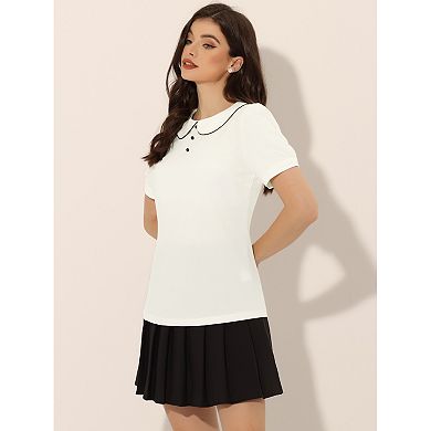 Women's Peter Pan Collar Contrast Trim Short Sleeve Summer Blouse Top