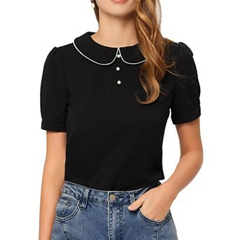 Women's Peter Pan Collar Contrast Trim Short Sleeve Summer Blouse Top