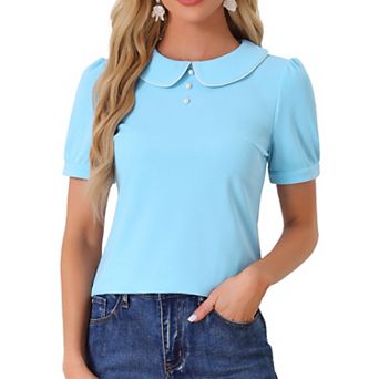 Women's Peter Pan Collar Contrast Trim Short Sleeve Summer Blouse Top
