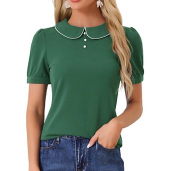 Women's Peter Pan Collar Contrast Trim Short Sleeve Summer Blouse Top