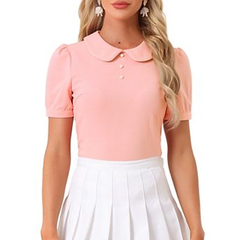 Women's Peter Pan Collar Contrast Trim Short Sleeve Summer Blouse Top