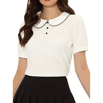 Women's Peter Pan Collar Contrast Trim Short Sleeve Summer Blouse Top