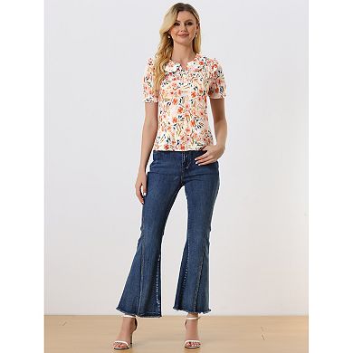 Floral Blouse For Women's Peter Pan Collar Smocked Short Sleeve Ruffle Tops