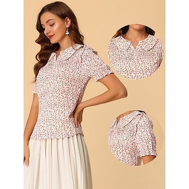 Floral Blouse For Women's Peter Pan Collar Smocked Puff Short Sleeve Ruffle Tops