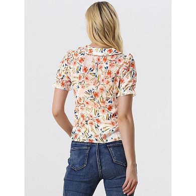 Floral Blouse For Women's Peter Pan Collar Smocked Short Sleeve Ruffle Tops