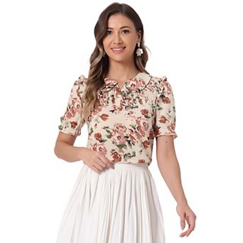Floral Blouse For Women's Peter Pan Collar Smocked Short Sleeve Ruffle Tops