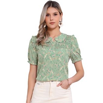Floral Blouse for Women's Peter Pan Collar Smocked Short Sleeve Ruffle Tops