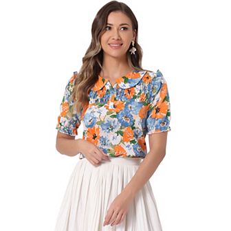 Floral Blouse For Women's Peter Pan Collar Smocked Short Sleeve Ruffle Tops