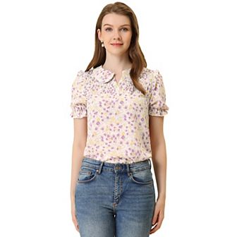 Floral Blouse For Women's Peter Pan Collar Smocked Short Sleeve Ruffle Tops