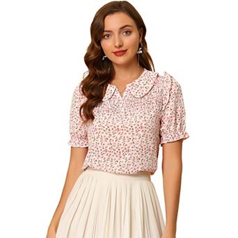 Floral Blouse For Women's Peter Pan Collar Smocked Short Sleeve Ruffle Tops