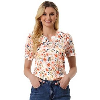 Floral Blouse for Women's Peter Pan Collar Smocked Short Sleeve Ruffle Tops