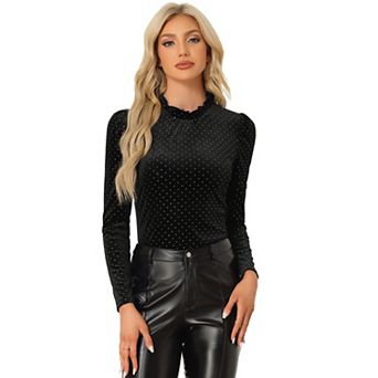 Women's Metallic Shiny Dots Ruffle Neck Long Sleeve Vintage Velvet Blouse Top