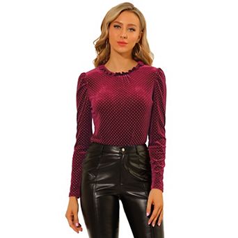 Women's Metallic Shiny Dots Ruffle Neck Long Sleeve Vintage Velvet Blouse Top