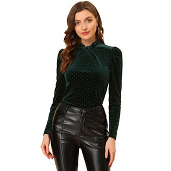 Women's Metallic Shiny Dots Ruffle Neck Long Sleeve Vintage Velvet Blouse Top