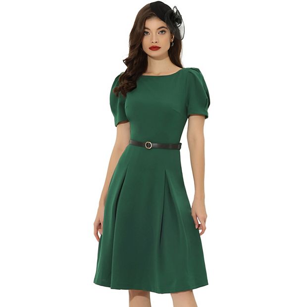 Women s Elegant Work Dress Belted Boat Neck Short Sleeve Dress