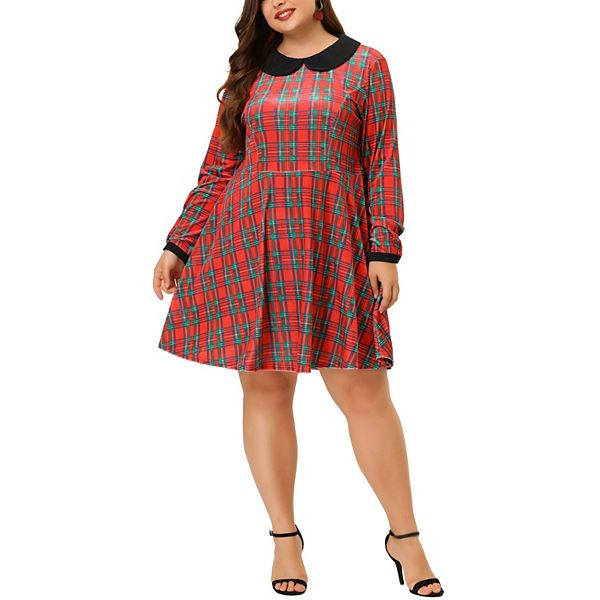 Women's Plus Size Peter Pan Collar Long Sleeves Plaid Velvet Dress