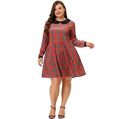 Women's Plus Size Peter Pan Collar Long Sleeves Plaid Velvet Dress