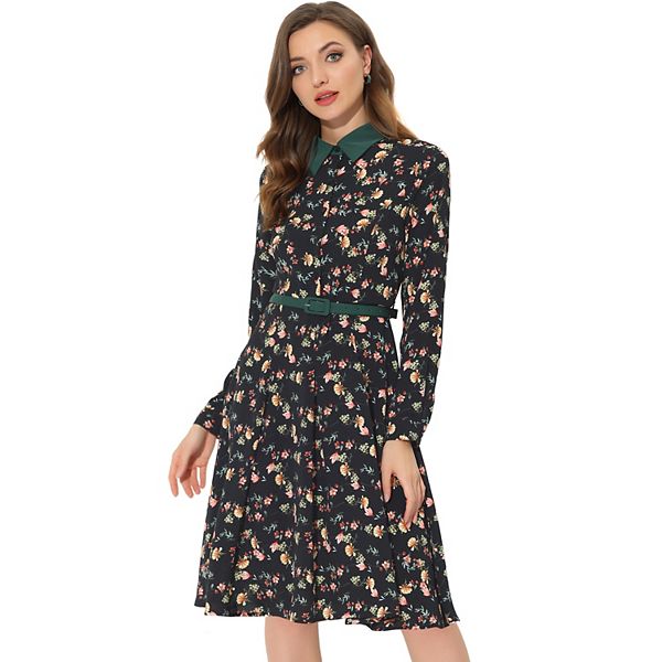 Women's Work Floral Contrast Collar Belt Long Sleeve Knee Length Dress