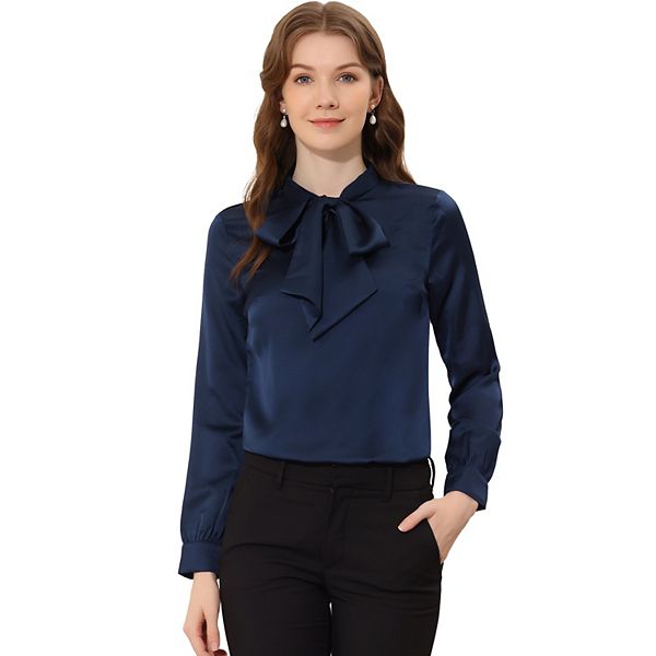 Satin Blouse for Women's Bow Tie Neck Solid Work Office Shirt