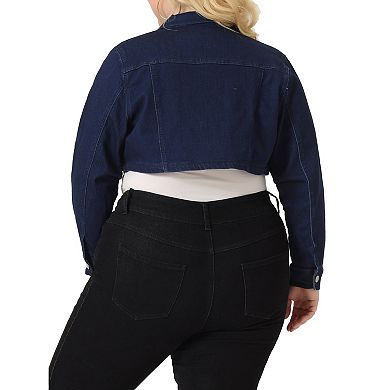 Women's Plus Size Washed Notched Lapel Cropped Denim Jacket