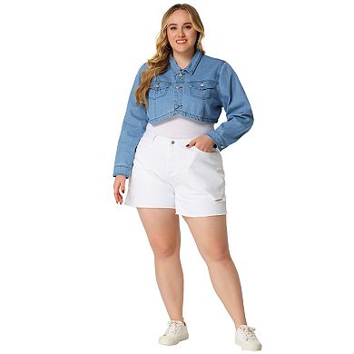 Women's Plus Size Washed Notched Lapel Cropped Denim Jacket