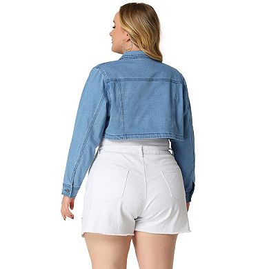 Women's Plus Size Washed Notched Lapel Cropped Denim Jacket