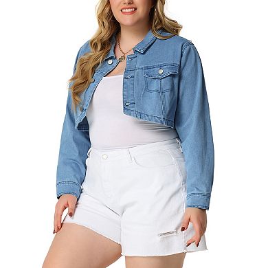 Women's Plus Size Washed Notched Lapel Cropped Denim Jacket