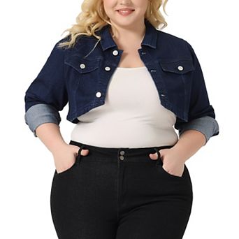 Women's Plus Size Washed Notched Lapel Cropped Denim Jacket