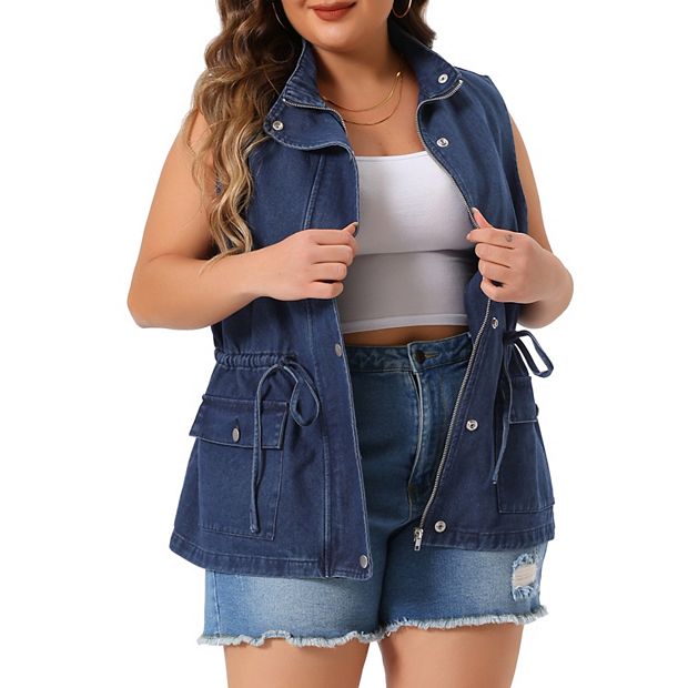 Women's Plus Size Fashion Sleeveless Jacket Drawstring Zip Denim Vest