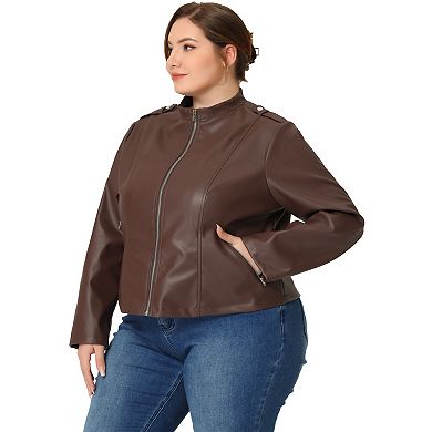 Women's Plus Size Zipper Pocket Faux Leather PU Motorcycle Jacket
