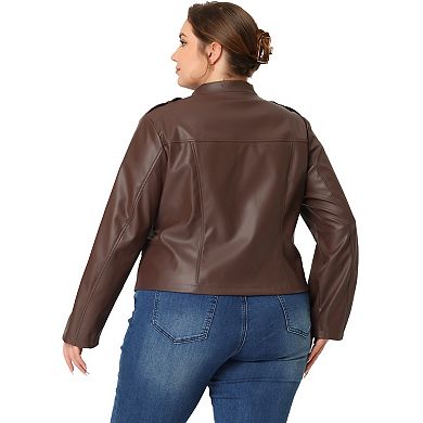 Women's Plus Size Zipper Pocket Faux Leather PU Motorcycle Jacket