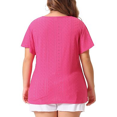 Womens Plus Size V Neck Hollow Flare Short Sleeve T Shirts Casual Summer Tops