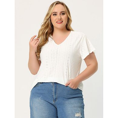 Women's Plus Size Eyelet V Neck Flare Short Sleeve Casual Top