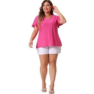 Womens Plus Size V Neck Hollow Flare Short Sleeve T Shirts Casual Summer Tops