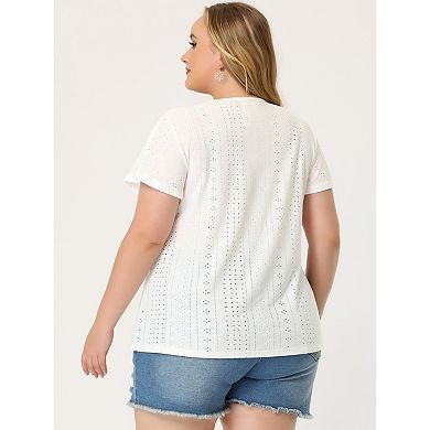 Women's Plus Size Eyelet V Neck Flare Short Sleeve Casual Top