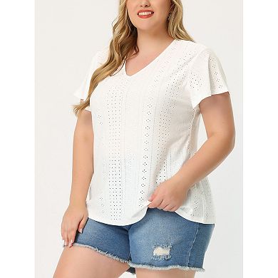 Women's Plus Size Eyelet V Neck Flare Short Sleeve Casual Top