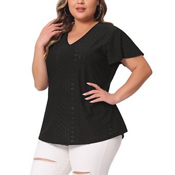 Women's Plus Size Eyelet V Neck Flare Short Sleeve Casual Top