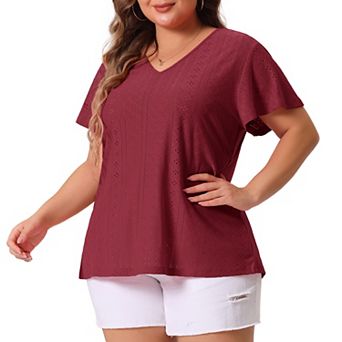 Women's Plus Size Eyelet V Neck Flare Short Sleeve Casual Top