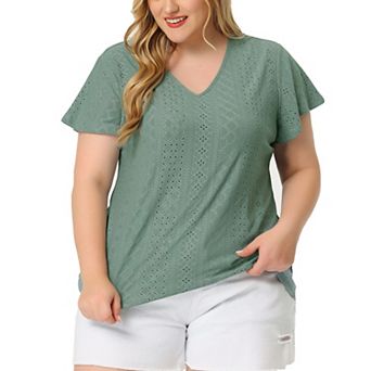 Women's Plus Size Eyelet V Neck Flare Short Sleeve Casual Top