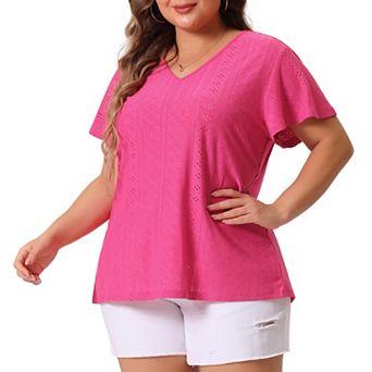 Women's Plus Size Eyelet V Neck Flare Short Sleeve Casual Top