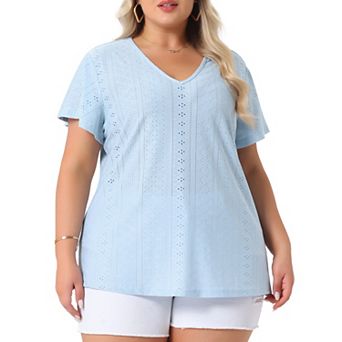 Women's Plus Size Eyelet V Neck Flare Short Sleeve Casual Top