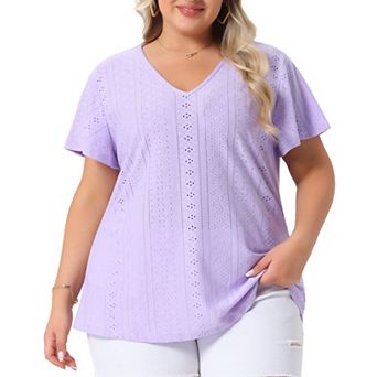Women's Plus Size Eyelet V Neck Flare Short Sleeve Casual Top