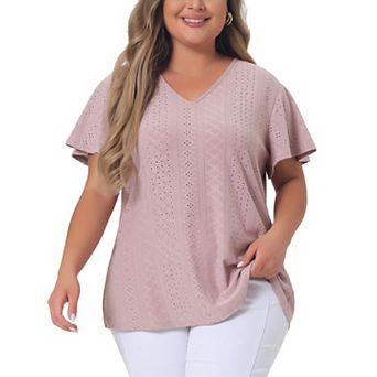 Women's Plus Size Eyelet V Neck Flare Short Sleeve Casual Top