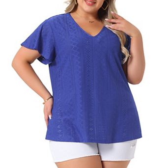 Women's Plus Size Eyelet V Neck Flare Short Sleeve Casual Top