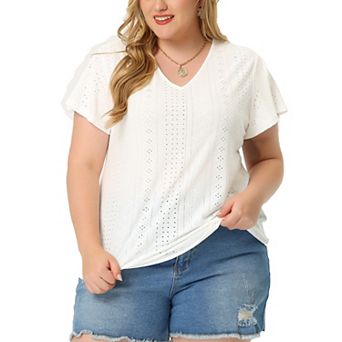 Women's Plus Size Eyelet V Neck Flare Short Sleeve Casual Top