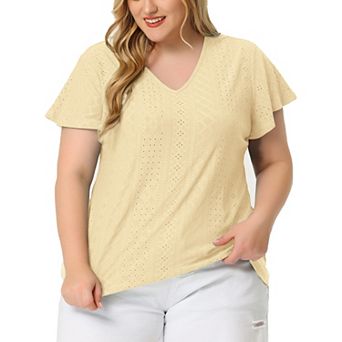 Women's Plus Size Eyelet V Neck Flare Short Sleeve Casual Top