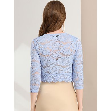 Women's Elegant 3/4 Sleeve Sheer Lace Floral Open Front Shrug Top