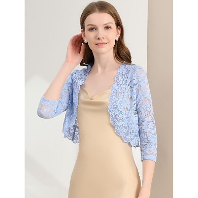 Women's Elegant 3/4 Sleeve Sheer Lace Floral Open Front Shrug Top